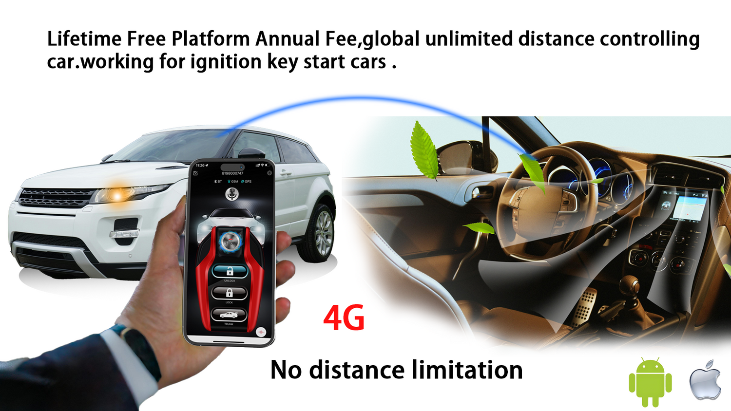 4G Smart Phone App Start Stop Lock Unlock Open Trunk GPS tracking Smart Car Alarm for Ignition Key Start Cars