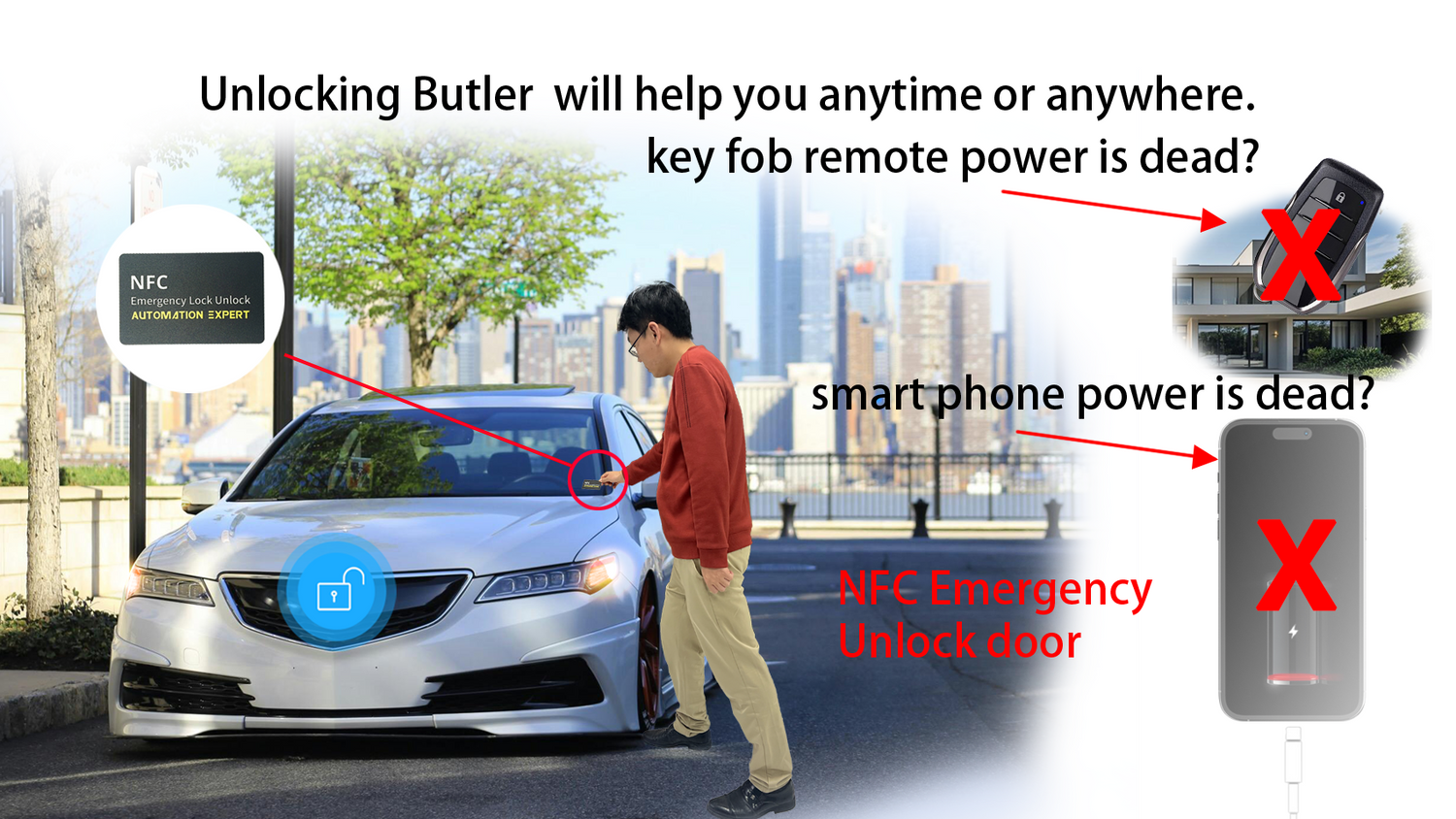 NFC Emergency Lock Unlock Bt Mobile App Lock Unlock Start Stop Open Trunk Passive Keyless Entry Car Alarm