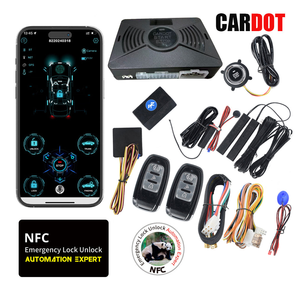 CARDOT Smart BT Phone APP Control PKE Keyless Entry Engine Start Alarm System Push Button Remote Starter Stop Auto Anti-theft System