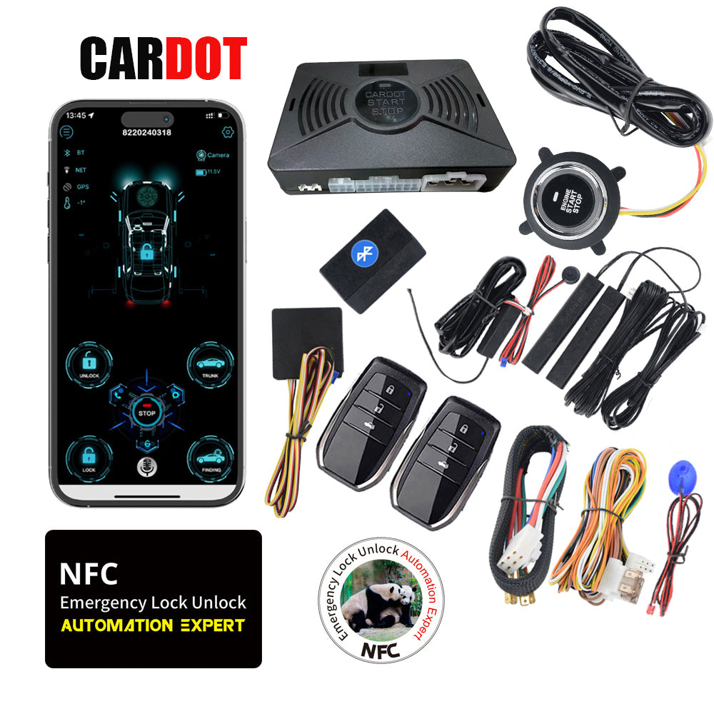 CARDOT Smart BT Phone APP Control PKE Keyless Entry Engine Start Alarm System Push Button Remote Starter Stop Auto Anti-theft System