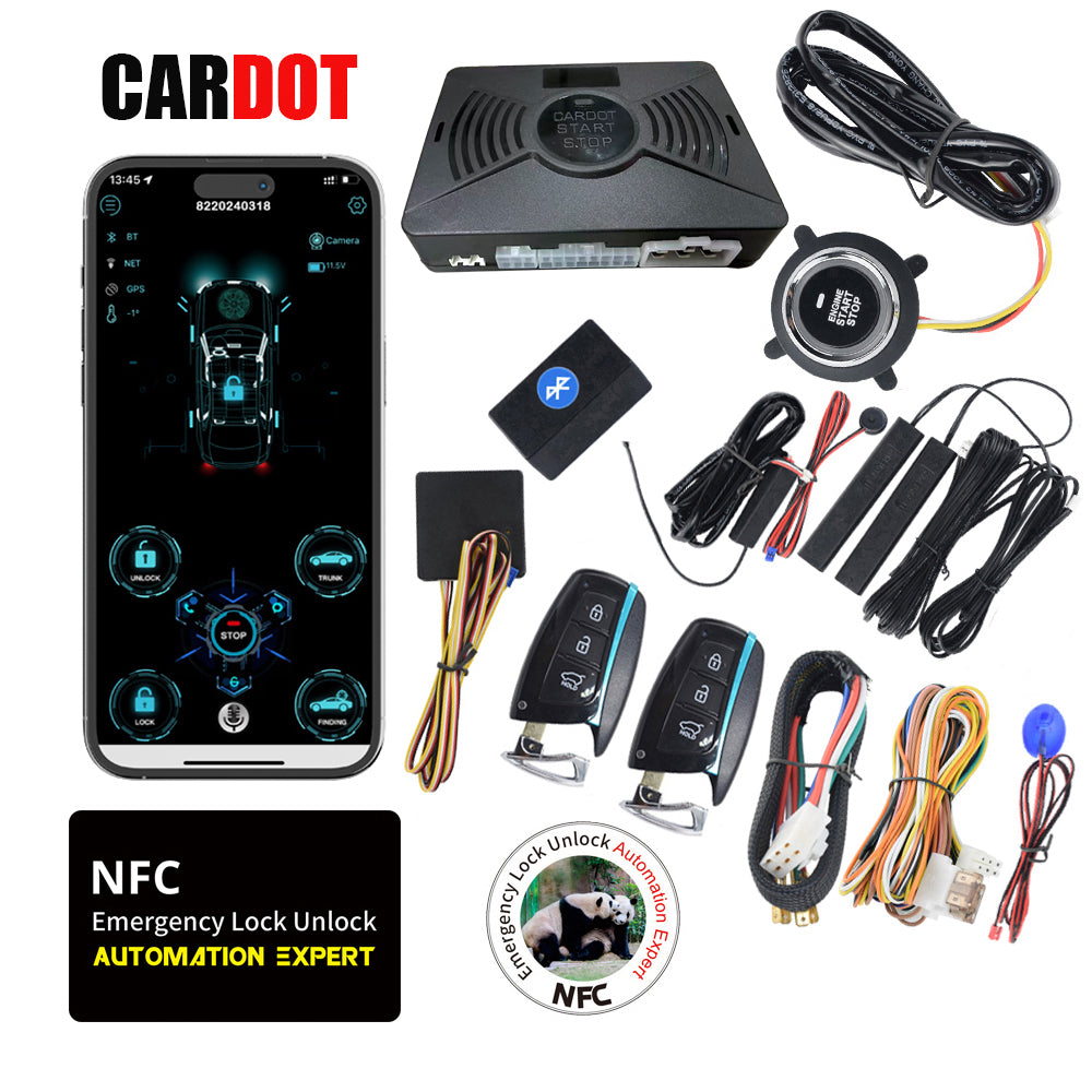 CARDOT Smart BT Phone APP Control PKE Keyless Entry Engine Start Alarm System Push Button Remote Starter Stop Auto Anti-theft System