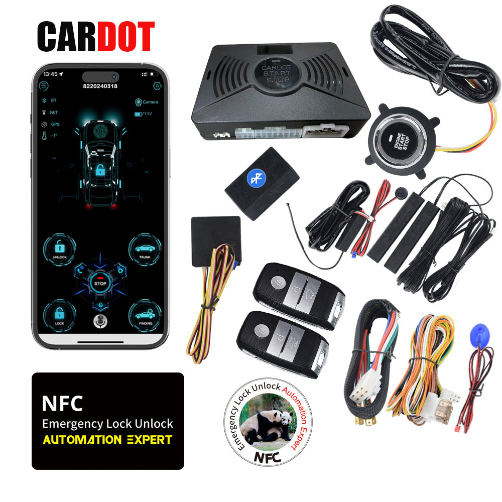 CARDOT Smart BT Phone APP Control PKE Keyless Entry Engine Start Alarm System Push Button Remote Starter Stop Auto Anti-theft System