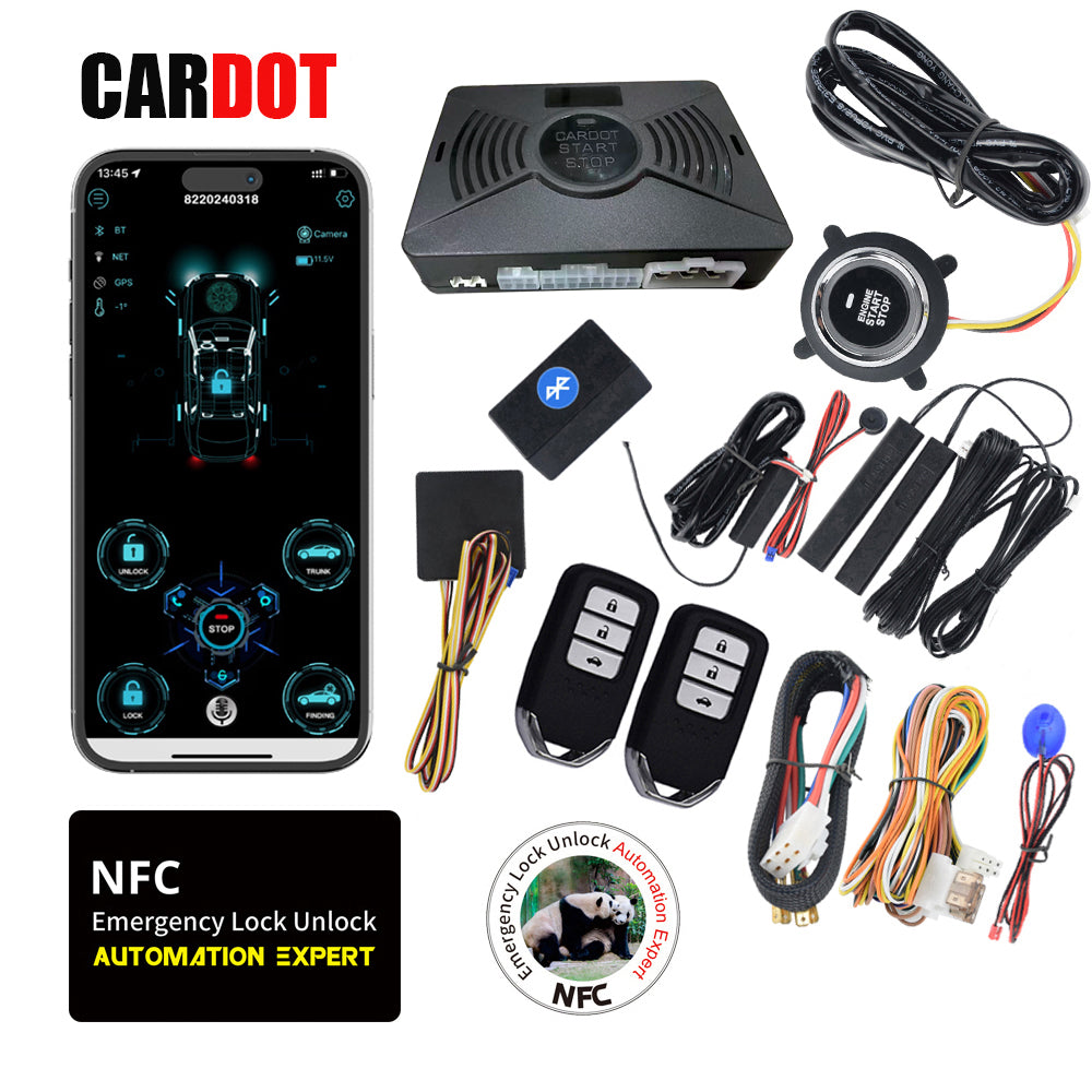 CARDOT Smart BT Phone APP Control PKE Keyless Entry Engine Start Alarm System Push Button Remote Starter Stop Auto Anti-theft System