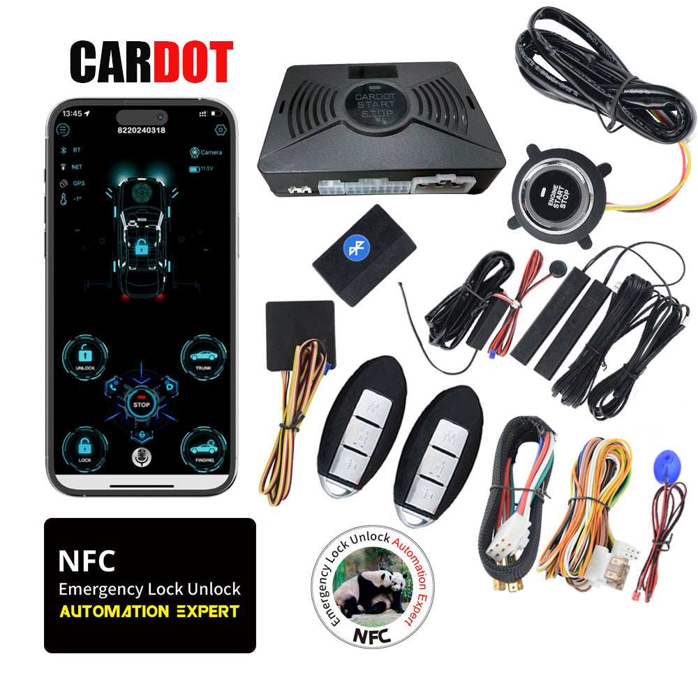 CARDOT Smart BT Phone APP Control PKE Keyless Entry Engine Start Alarm System Push Button Remote Starter Stop Auto Anti-theft System
