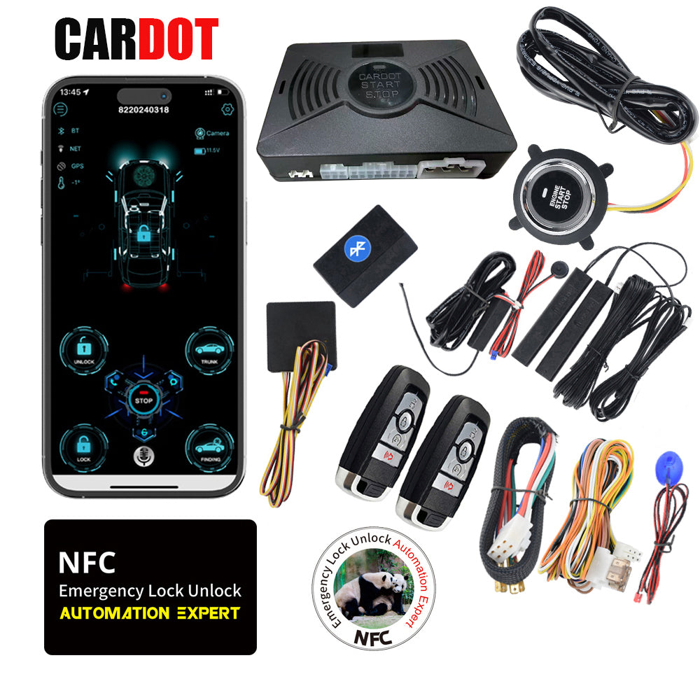 CARDOT Smart BT Phone APP Control PKE Keyless Entry Engine Start Alarm System Push Button Remote Starter Stop Auto Anti-theft System