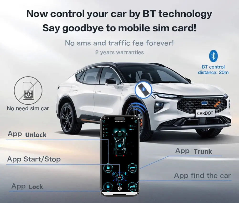CARDOT Smart BT Phone APP Control PKE Keyless Entry Engine Start Alarm System Push Button Remote Starter Stop Auto Anti-theft System
